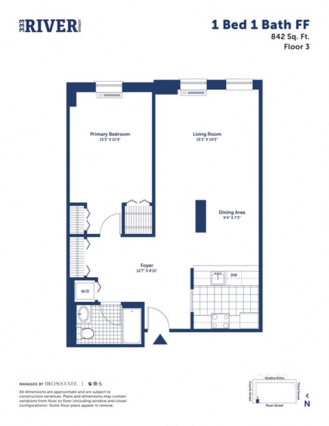 Floor plan for 1 bed, 1 bath, 842 sqft